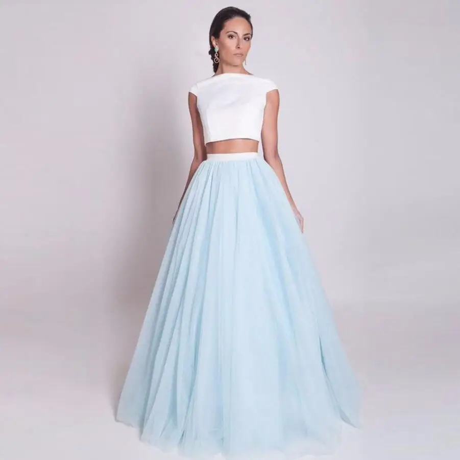 New Sky Blue Long Maxi Skirt Empire Waistline A Line Floor Length Tulle