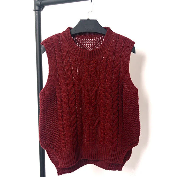 С круглым вырезом, вязаный жилет свитер Для женщин элегантный дизайн без рукавов чистый цвет Разделение подол с разрезом с О-образным вырезом Футболка джемпер женский жилет пуловеры - Цвет: Claret Red Vest