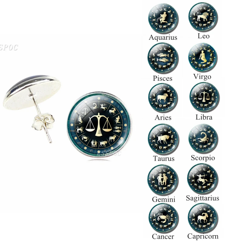 

New High Quality12 Zodiac Sign Stud Earrings for Women Men Silver Leo Taurus Virgo Fashion Constellation Jewelry Birthday Gift
