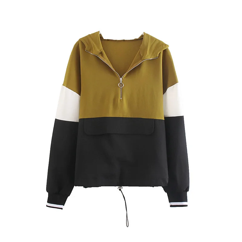

WT620 Women's Autumn Color Block Pullover Casual Sweatshirt With Hat Hoodied Jumpers