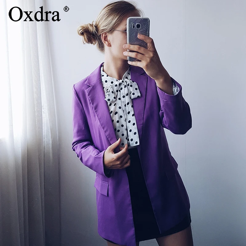 Oxdra женские 2018 Осень Новый зубчатый Блейзер длинный рукав сплошные блейзеры для