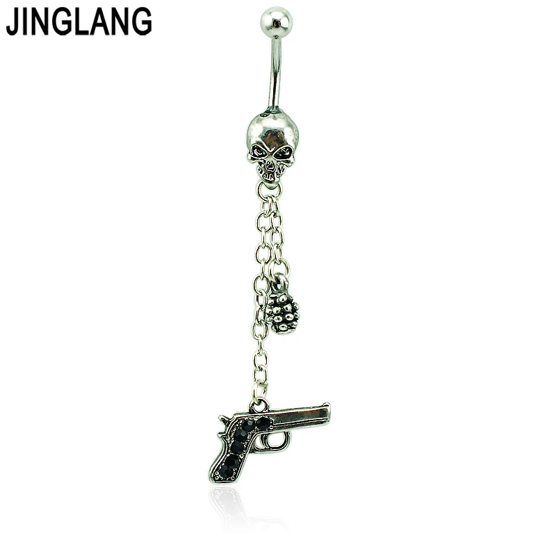 

JINGLANG Body Navel Piercing Fashion Belly Button Rings Surgical Steel Skull Barbells Rhinestone Gun Navel Rings Jewelry
