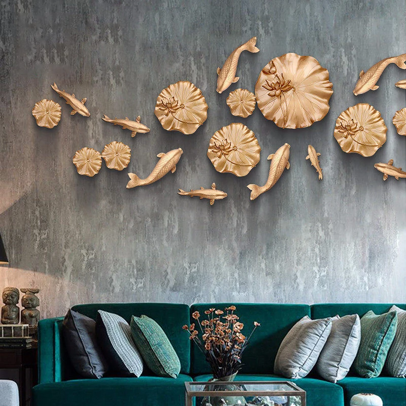 Индивидуальная креативная домашняя Ретро Настенная Декорация в виде листа лотоса, для ресторана, гостиной, настенная подвесная рыбный орнамент, полимерная Фреска
