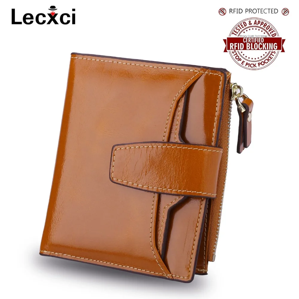 

Lecxci leather short wallet unisex RFID blockade purpse multi-function credit card holder zip coin purse men and women cash hold