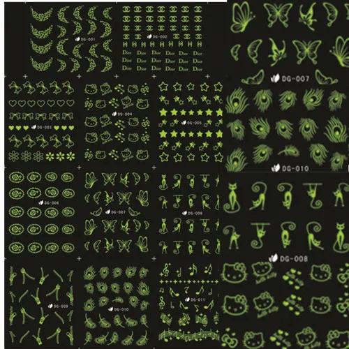 

11 Designs in 1 Glow in the Dark Cat Zipper Butterfly Nail Decal Water Transfer Nail Art Sticker Decoration Luminous BEDG001-011