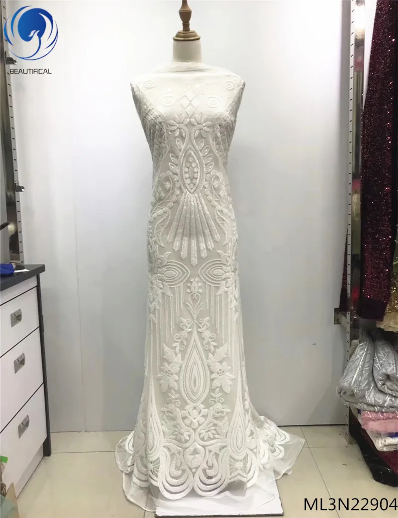 

Beautifical sequins net lace fabrics 2019 high quality fabrics dress sequin shiny net laces fabric for women 5yards/lot ML3N229
