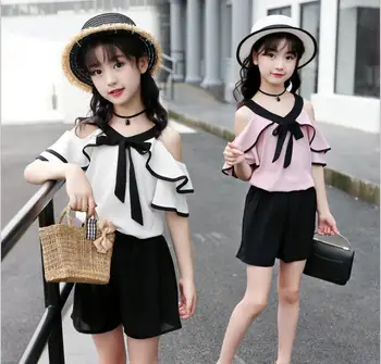 

2019 Korean style girls 2 pcs set ruffles blouse+ shorts fashion summer girls suit 6-11t B268