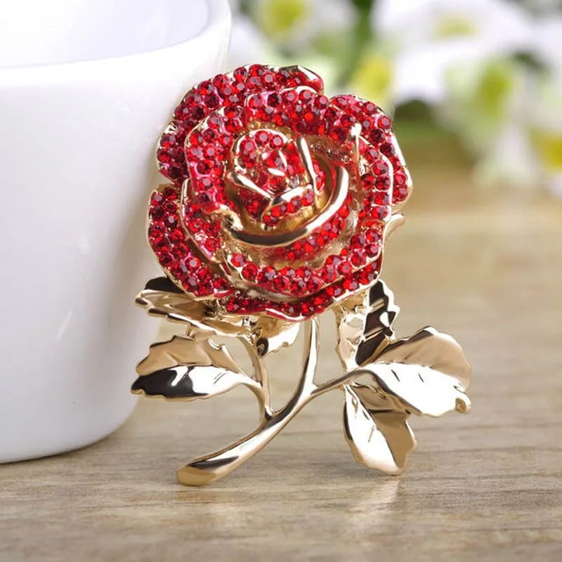 Роскошный красный Хрустальный цветок броши для женщин и мужчин золотой цвет