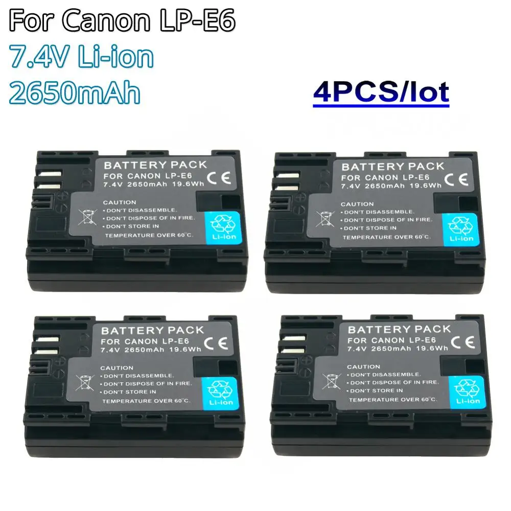 

4PCS LP-E6 LPE6 LPE6N Camera Battery 2650mAh Li-ion Rechargeable Batteries for Canon EOS 5D 6D 7D 60D 70D 80D Mark II Mark III