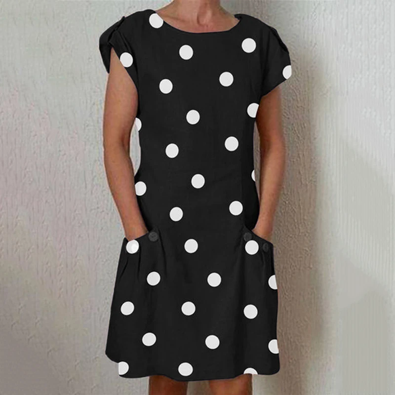 Hot Womens Popular Polka Dot Dress Short Sleeve Pocket Midi Dress Multicolor Casual Ladies Work Office Party Dress Crew Neck