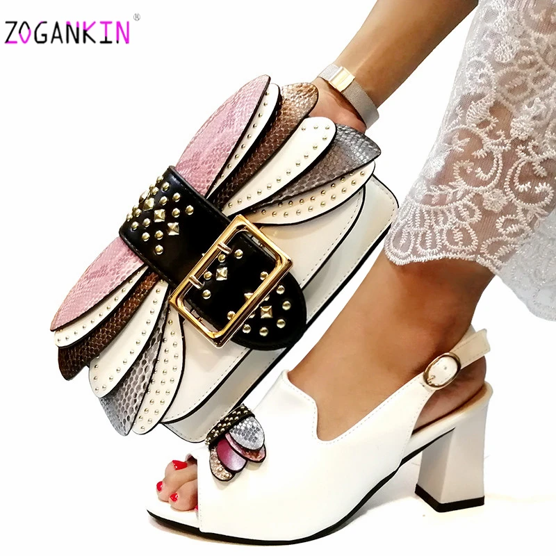 

2019 INS Hot Selling New White Color Fashion Woman Shoes And Matching Bag Set Nigerian Style Pumps Shoes And Bag Set For Party