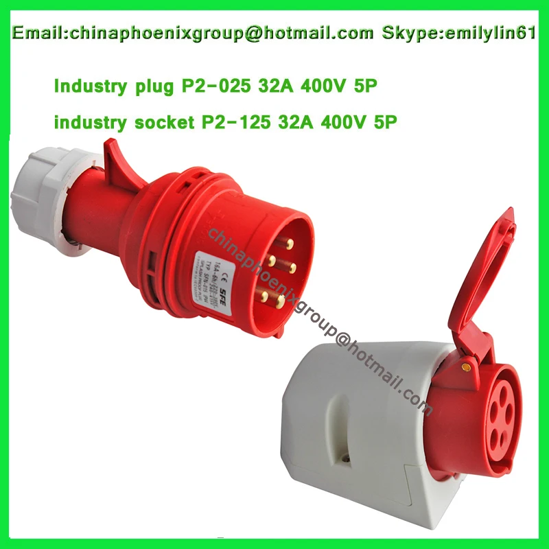 IP44 Red industrial socket 5 pin AC380 415V 32A P2 125 add industrial
