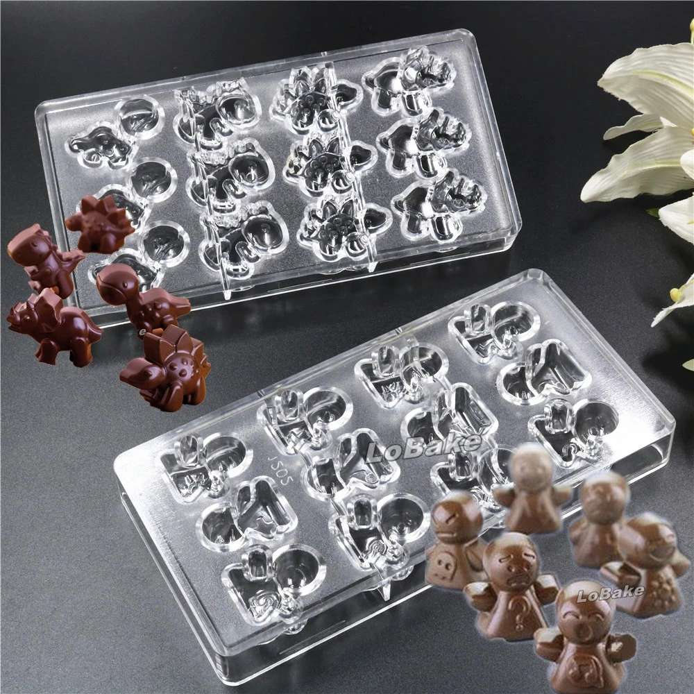 

(2 units/set) 2 different designs 12 cavities dinosaurs monster snowman various emoji PE plastic Chocolate Mold candy DIY baking