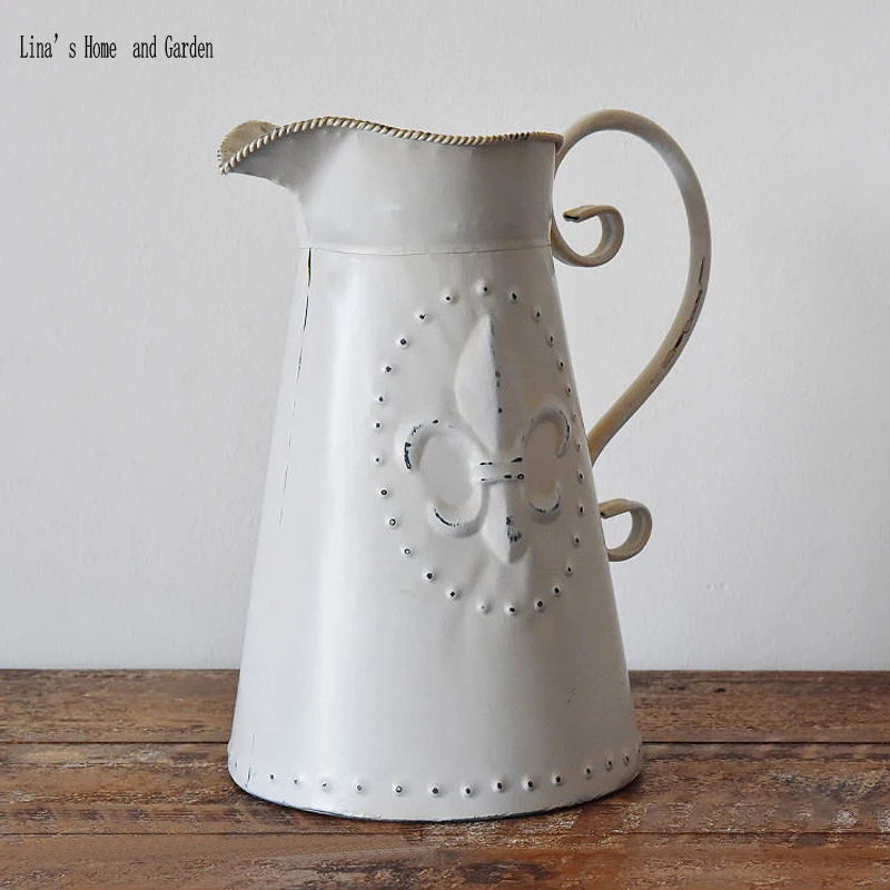 handmade white retro vintage metal watering can flower vase