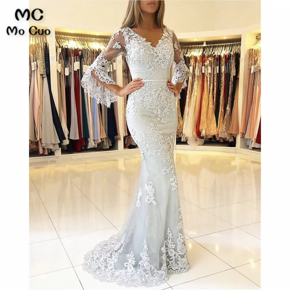 Elegant V-neck Lace Mermaid Prom Dresses Puffy Sleeves (3)