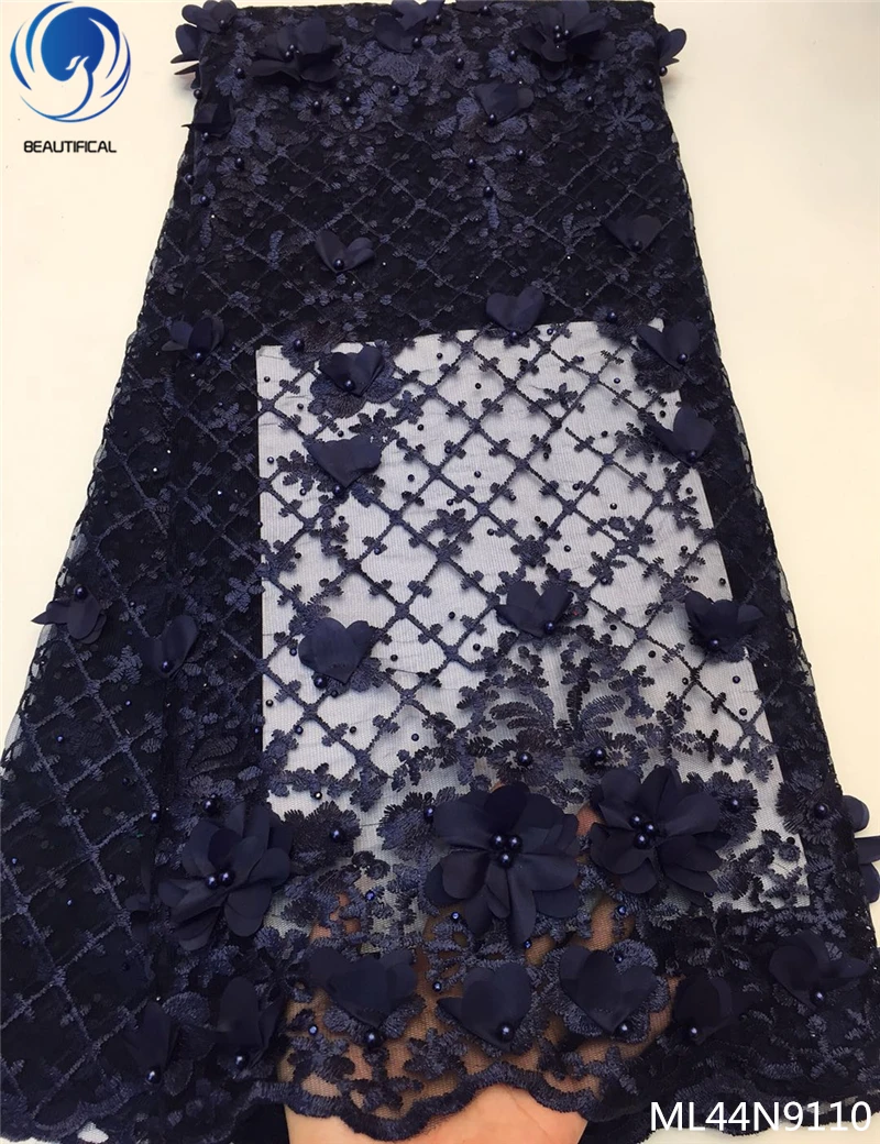 

BEAUTIFICAL Navy 3d applique lace beads 3d net lace fabric stones bridal african french lace fabric high quality 2019 ML44N91