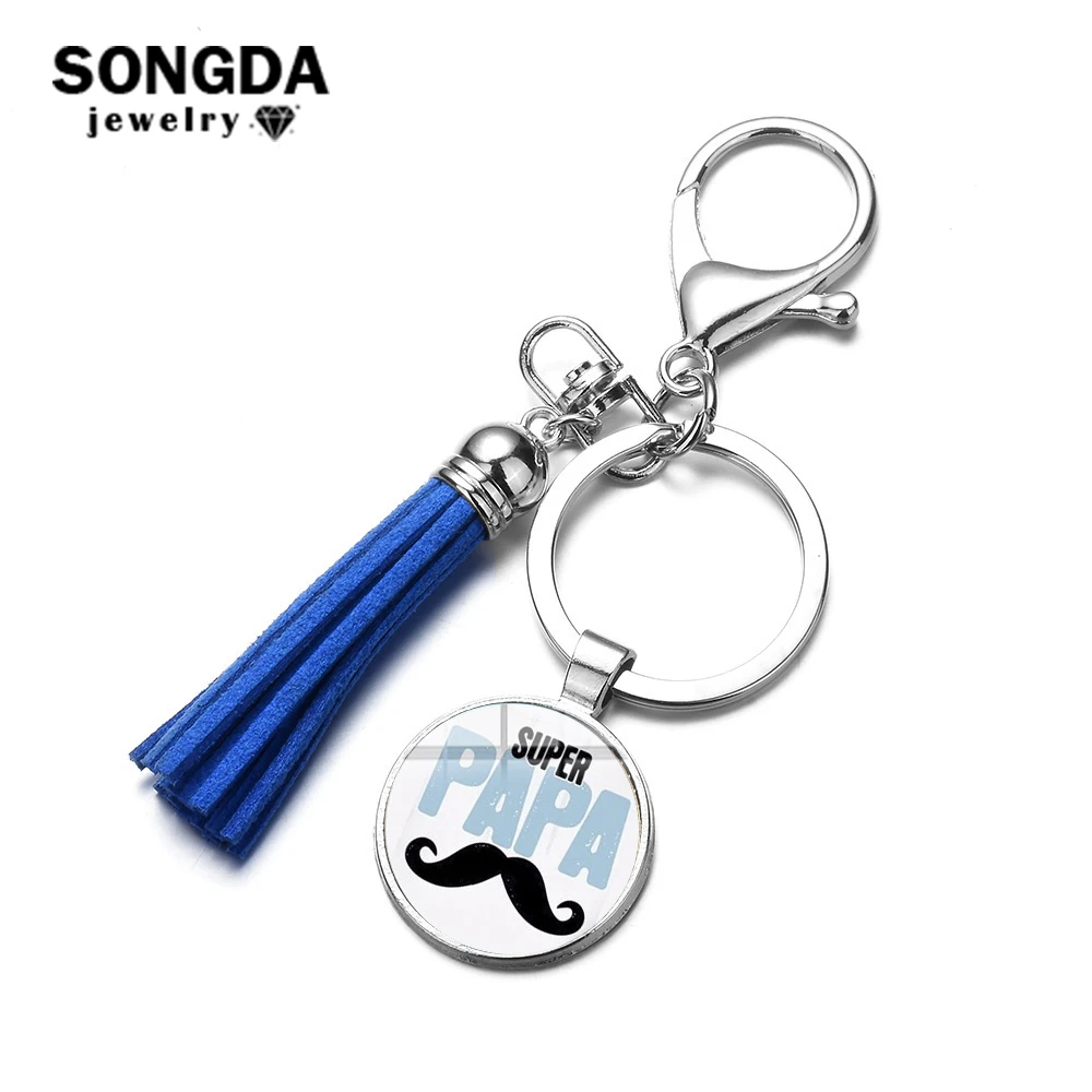 

SONGDA Fashion Super Dad I Love You Dad Charm Tassel Keychain je suis un papa qui dechire Glass Gem Key Ring Holder Men Jewelry