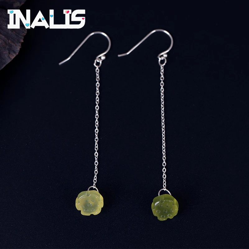 

INALIS New Real 925 Sterling Silver Handmade Fine Jewelry Simple Design Yellow Jade Lotus Dangle Drop Earrings for Women Bijoux