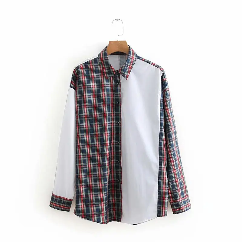 

2019 women fashion long sleeve plaid print patchwork casual blouse shirts women office spliced chic blusas femininas tops LS2907