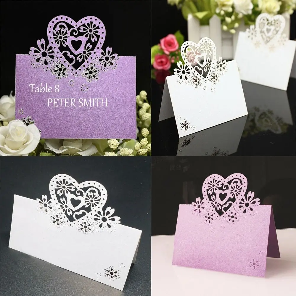 

12pcs Heart Cut Table Laser Place Cards Pearlescent Paper Name Number Card Party Wedding Decoration Christmas Invitations