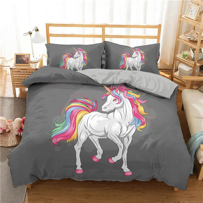 

ZEIMON Cartoon Unicorn 3D Printed Home Decoration Microfiber Queen King Size Bedspread Grey Duvet Cover Sets With Pillwocase
