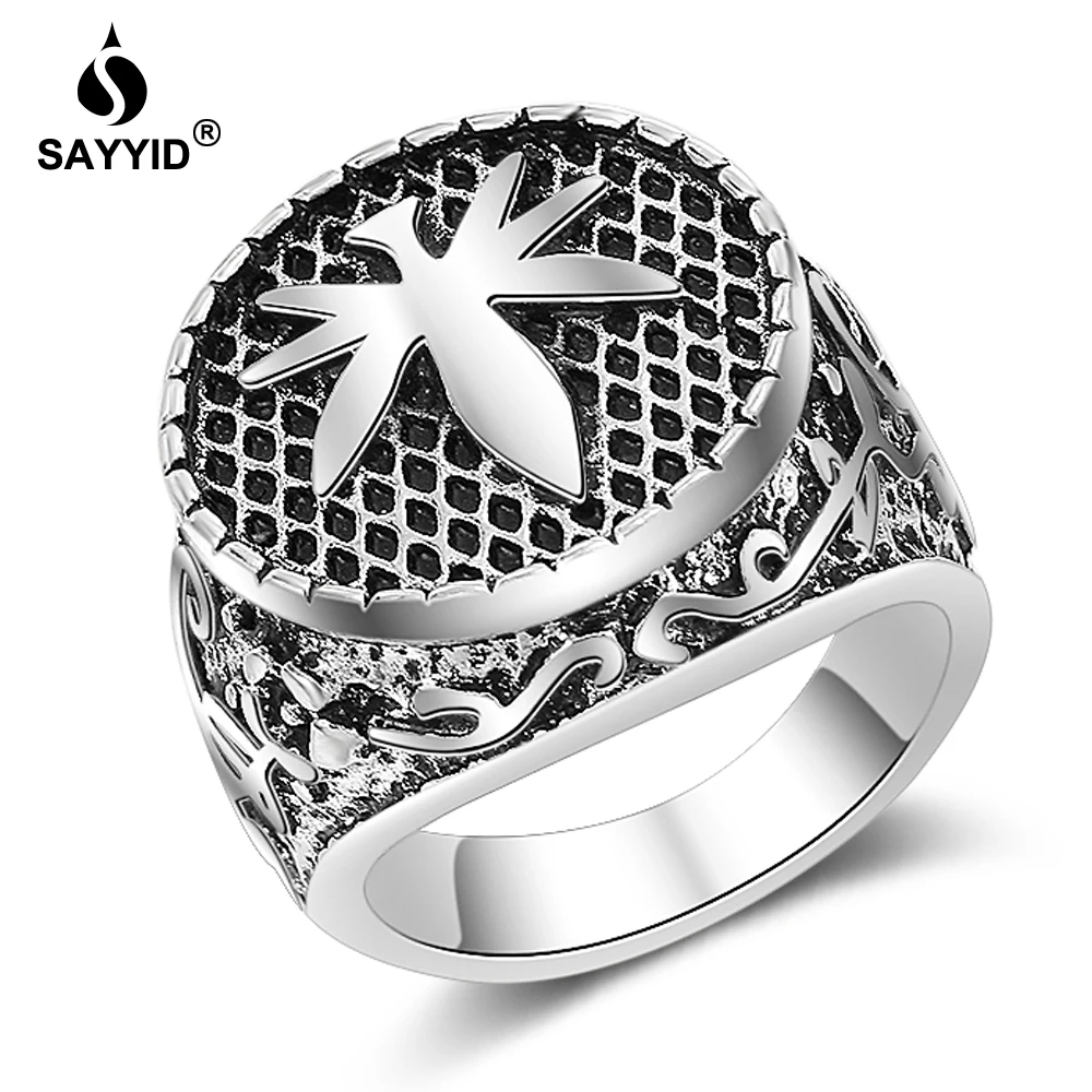 

SAYYID New Middle East Arab Ancient Gold Color/Ancient Silver Color Maple Leaf Ring for Men Punk Vintage Jewelry Rings Gift RCC1