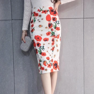 

Skirts Womens 2017 Autumn Elegant Forals Print Sexy Pencil Skirt Female High Waist A Line Saia Office Ladies Midi Skirts Tight