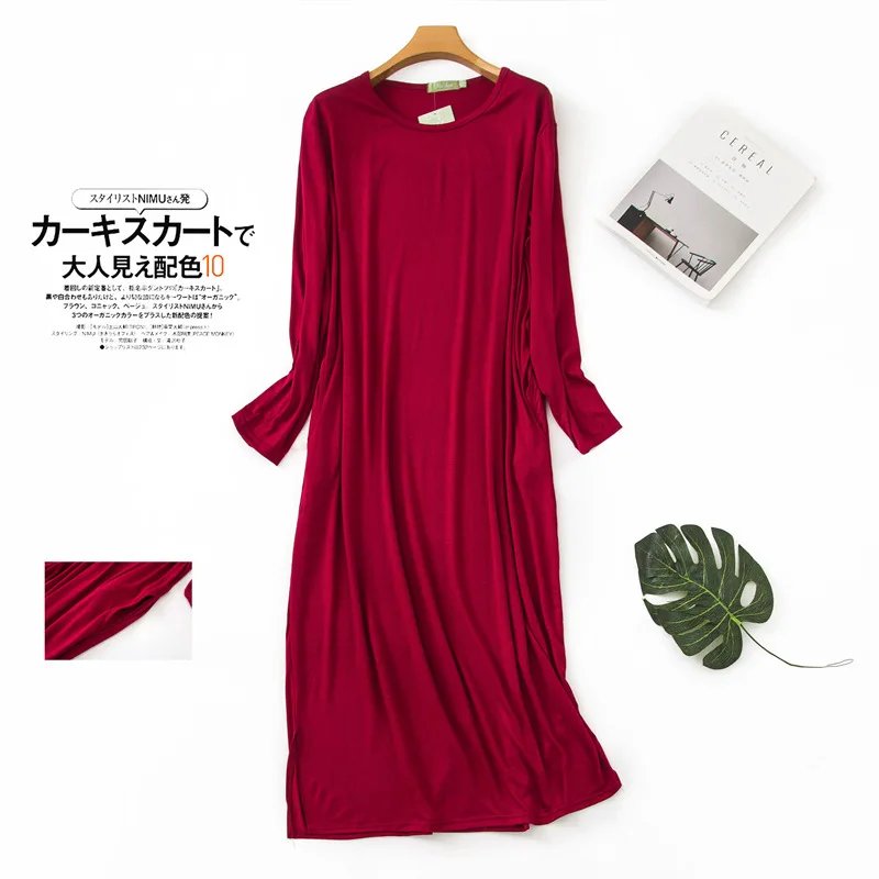 Summer Nightshirt Thin Soft Modal Nightgowns Long Sleeve Sleepshirts Solid Big Size Sleepwear Women Night Dress - Цвет: Wine Red as chart