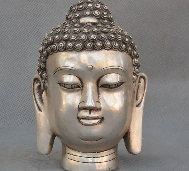 

7" Old Tibet Buddhism Silver Sakyamuni Shakyamuni Tathagata Buddha Head Statue