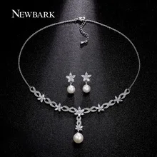NEWBARK Brides Simulated Pearl Jewelry Sets Jewellery Pendant Necklace 1 Pair Earrings Flower Crystal Zircon Woman