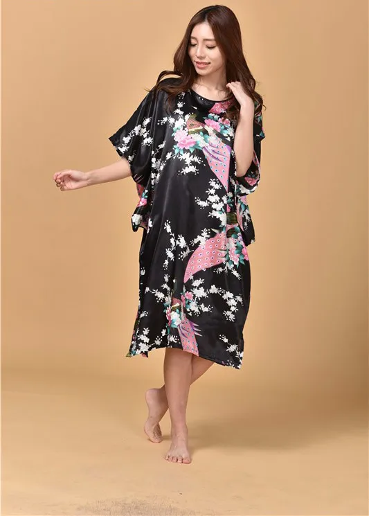 Пикантные черные сапоги женские шелк район халат ночная рубашка Лето повседневное домашнее платье с принтом Павлин пижамы 16 цвета