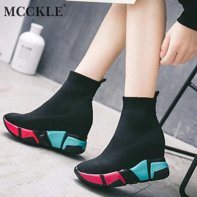 

MCCKLE Socks Shoes For Woman Ankle Boots High Wedges Heels Platform Female Autumn Knitting Casual Flats Slip On Fashion Footwear