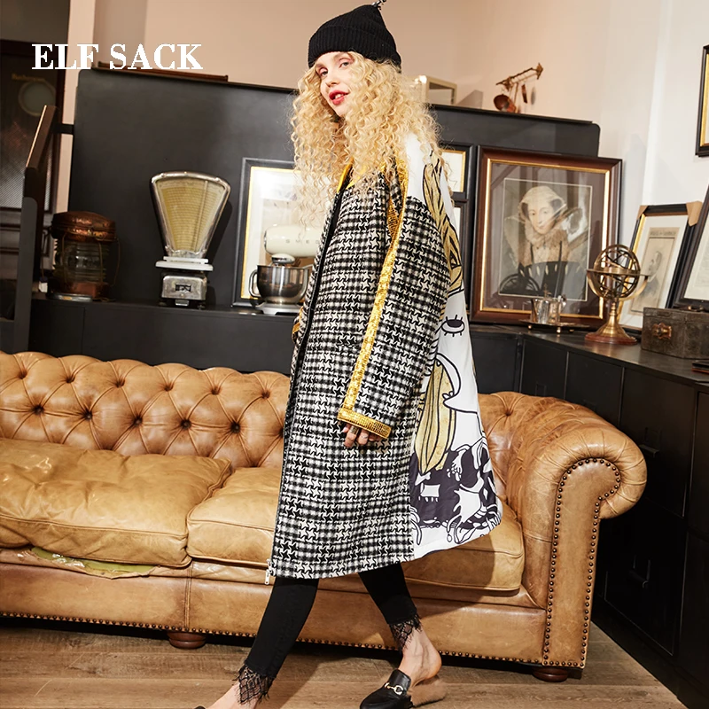 ELF SACK New Winter Woman Wool Blends Winter Coat Casual Winter Jacket Vintage Wool Blend Jacket Long Windbreaker Jacket Wool