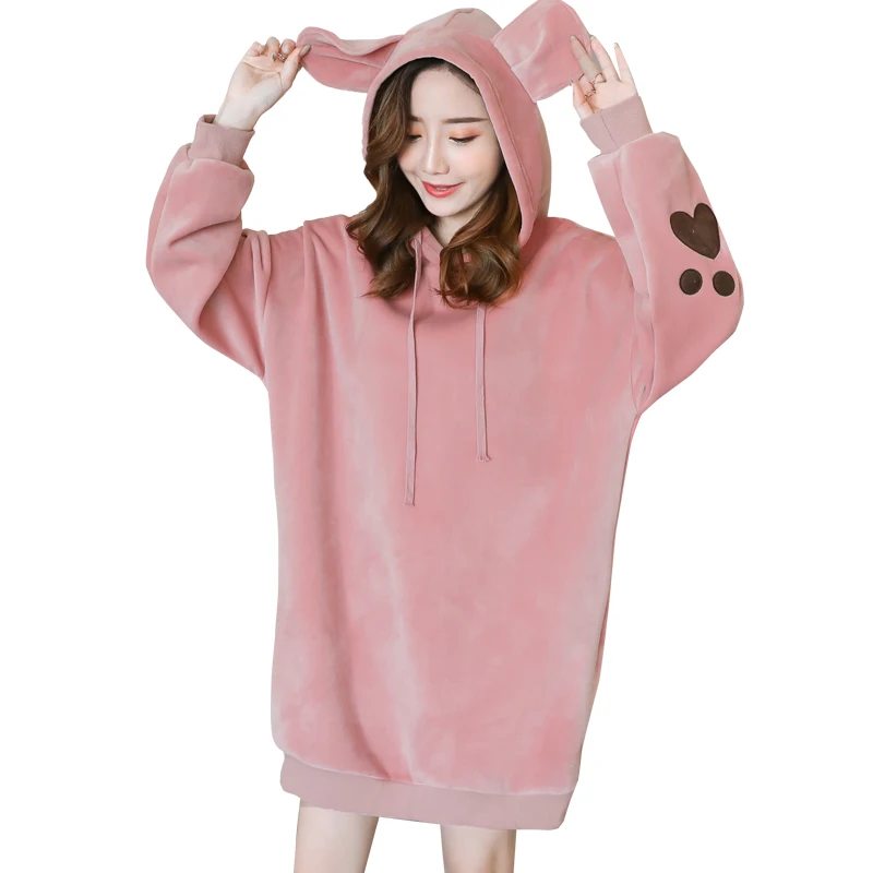 

2018 New Autumn Winter Velour Pregnant Women Dress Rabbit Ears Hooded Sweater Casual Pregnant Loose Maternity Dresses Plus Size