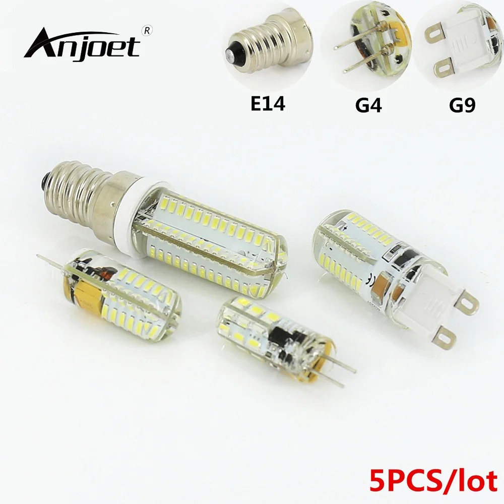 ANJOET 5 шт. светодиодный G9 G4 E14 AC/DC 12 В AC110V 220 В 360 градусов света 3014SMD для люстры 24/48/64/104 светодиодный кристалл лампы