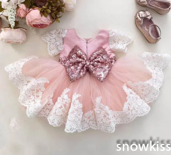 Cute Child blush pink and white Flower Girl Birthday Dress O-neck short sleeve lace sequin sashes pink bow Toddlers Girls dress Cute Child blush pink and white Flower Girl Birthday Dress O-neck short sleeve lace sequin sashes pink bow Toddlers Girls dress