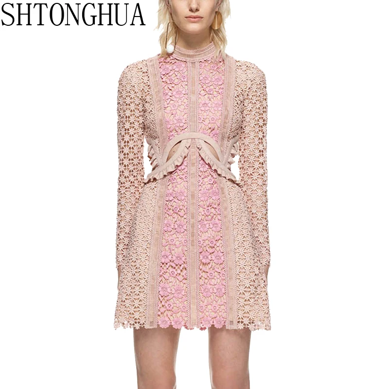 

SHTONGHUA Self Portrait Runway Summer Women Dress 2018 Designer Patchwork Embroidery Floral Long Sleeve Lady Bodycon Party Dress