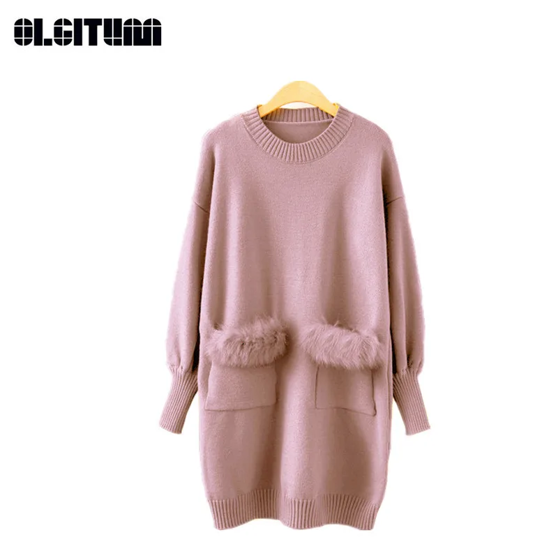 

Autumn Knit Women's Sweater Winter Rabbit Hair Dress Sweater for Female Stitching Pocket Ladies Loose Sweater SW870