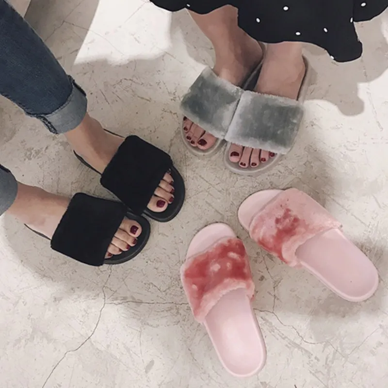 

Winter Fluffy Slippers Women Flat Fur Shoes Female Simple Slides Indoor Outside Mules House Solid Slippers Girl Casual Shoes