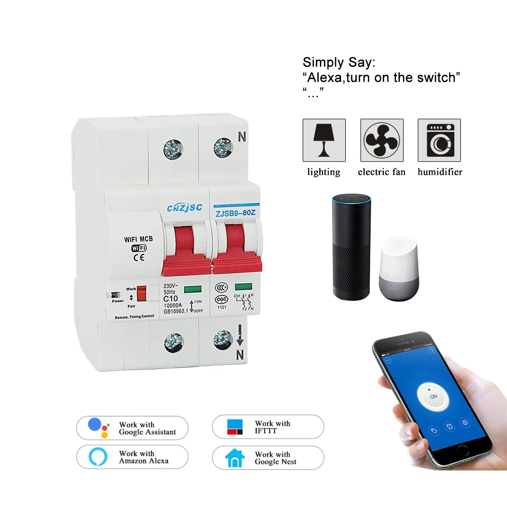 

2P 10A WiFi Smart Circuit Breaker Automatic recloser overload and short circuit protection for Amazon Alexa and Google home