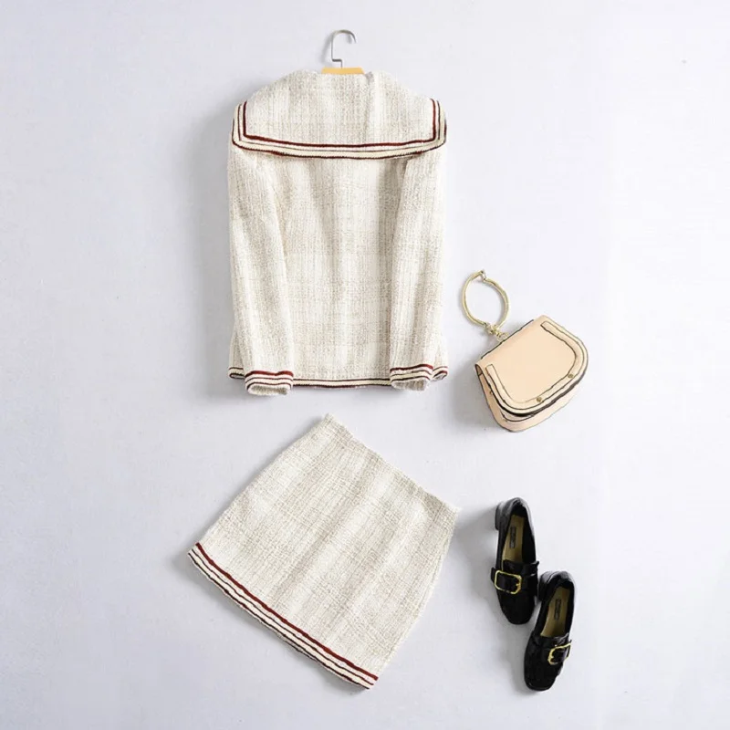 2018 Autumn Winter Fashion Jacket Suits Women Sailor Collar Wool Jacket Coat+Mini Warm Skirt Suit Ladies Work Office Suit Coats Women's Sets