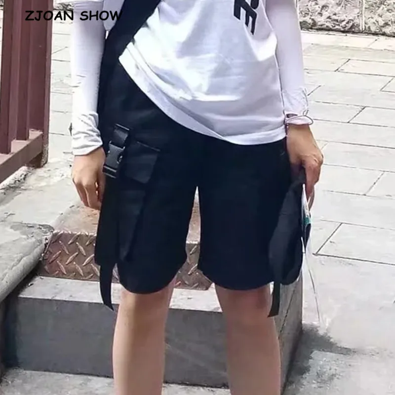 

2019 Safari Style Buckle Pockets Elastic Waist Short Pants Summer Woman Loose Hip Hop Shorts Trousers Femme Black Army Green