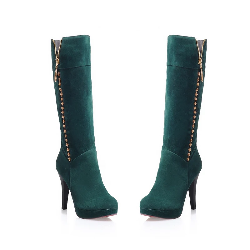 Зимняя женская обувь высокие сапоги до колена из флока на платформе молнии с