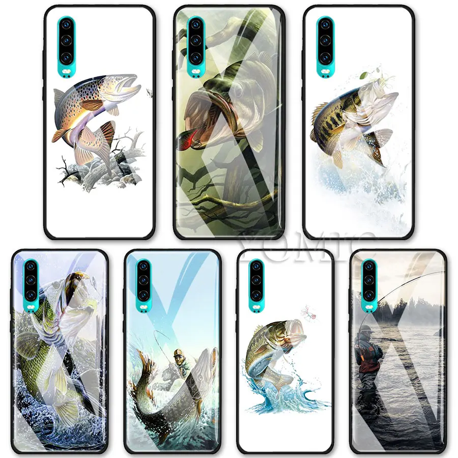 

Tempered Glass Case for Huawei P10 P20 P30 Pro Mate 10 20 Lite Honor 8X 20 Pro Cover Bass Fishing Lake Fisherman Luxury Case