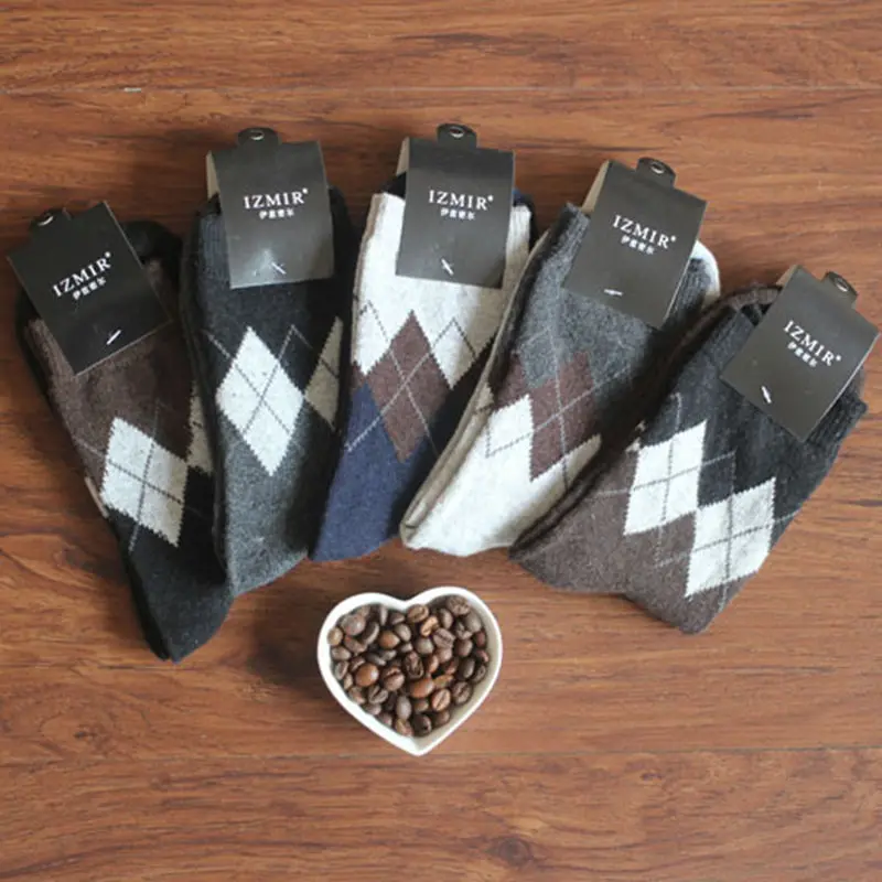 Diamond Men Socks Rabbit Wool Thick Warm Male Socks Geometry Pattern High Quality Male Casual Middle Sock Autumn Winter Clothing (8)