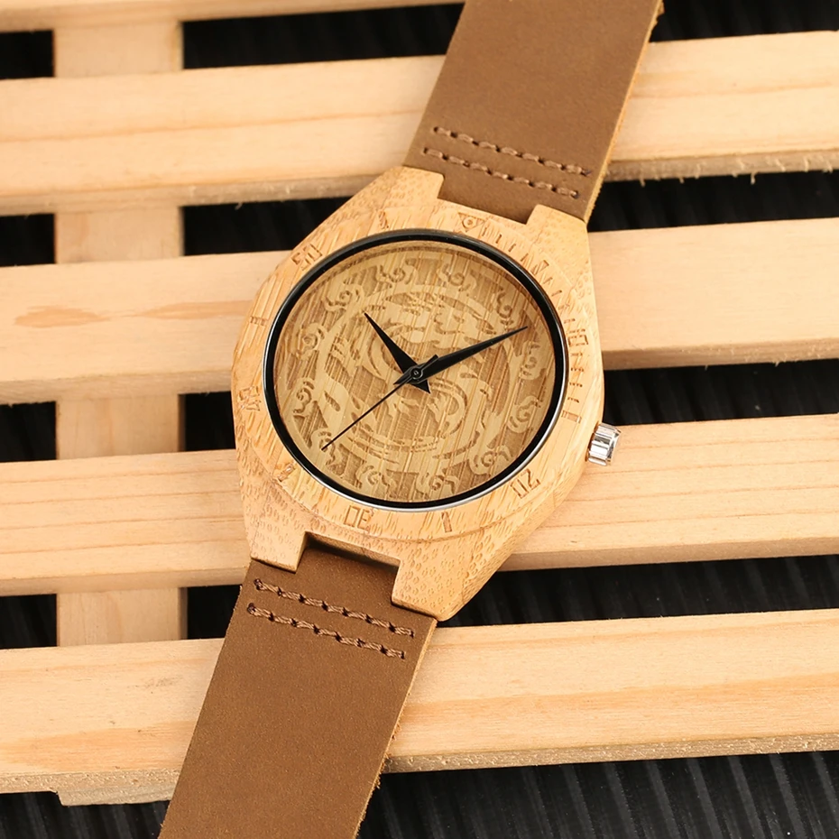 Creative Dragon Carving Wood Watch Men Simple Wooden Watches Analog Quartz Clock Male Genuine Leather WristWatch erkek kol saati (11)
