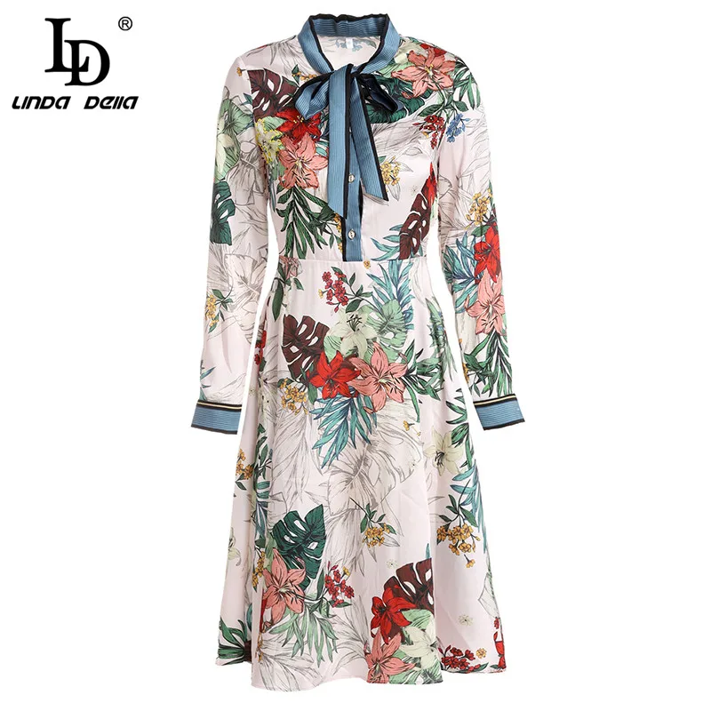 

LD LINDA DELLA 2019 Spring Fashion Runway Dress Female Women's Long Sleeve Bow Collar Floral Print Holiday Vintage Dress vestido