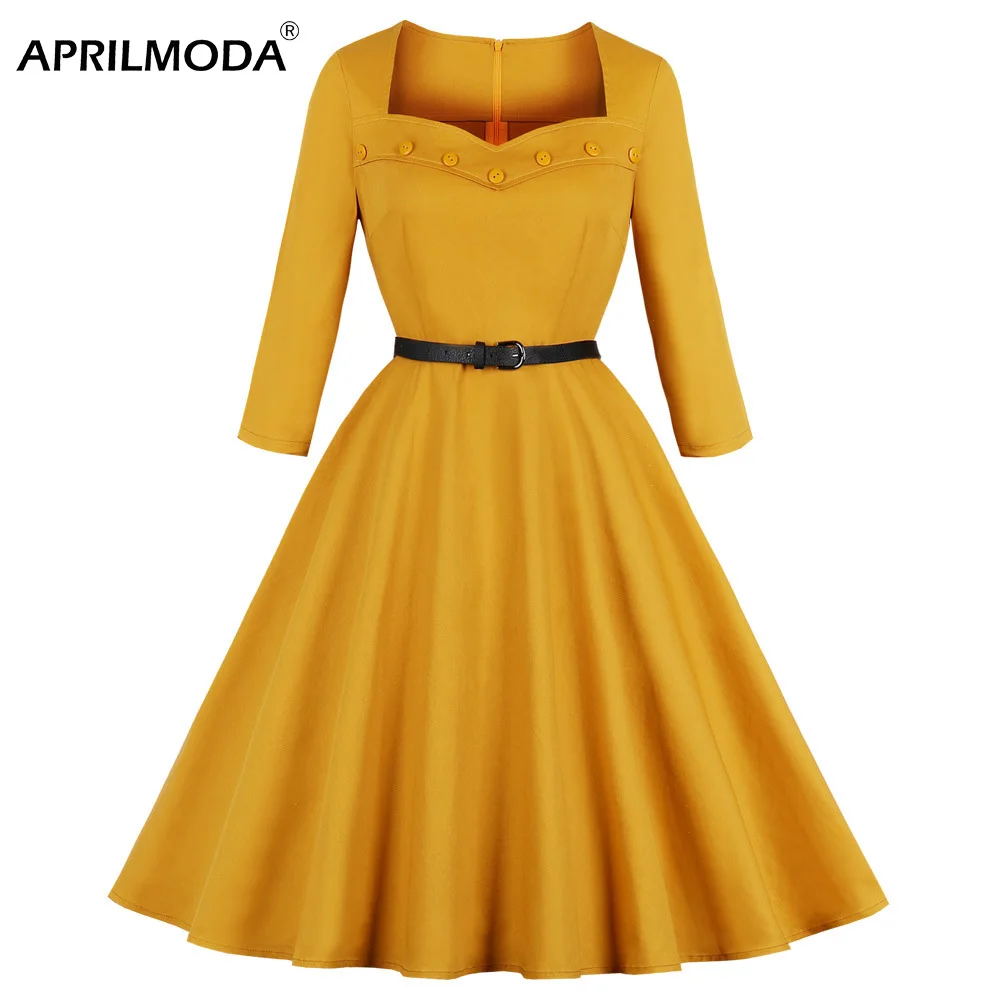 Желтое женское свободное платье Весна Одри Хепберн рокабилли Vestidos ретро Винтаж размера плюс 50s 60s халат Pin Up вечерние платья