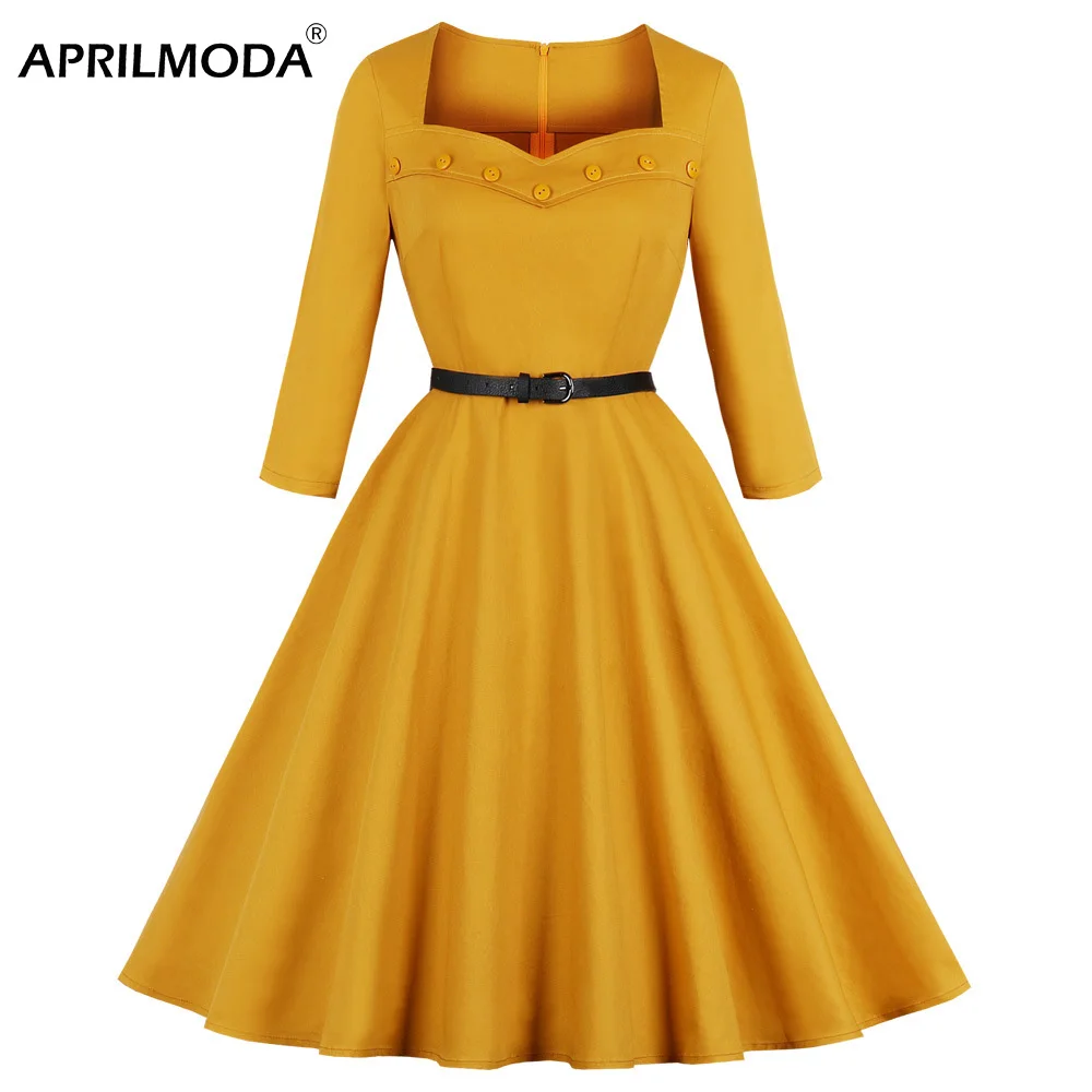 

Yellow Women Swing Dress Spring Audrey Hepburn Rockabilly Vestidos Retro Vintage Plus Size 50s 60s Robe Pin Up Party Gown Dress