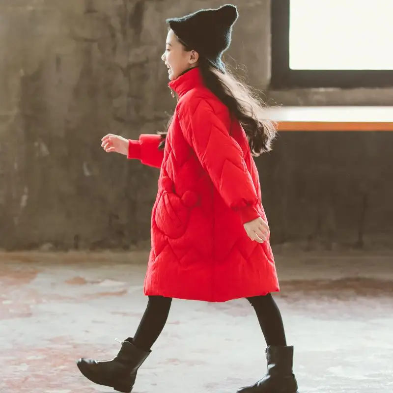 Детские пальто с хлопковой подкладкой Рождественская одежда коллекция года, Новые плотные зимние куртки-пуховики для девочек, пальто для больших девочек зимний комбинезон для детей возрастом от 10 до 12 лет - Цвет: Красный